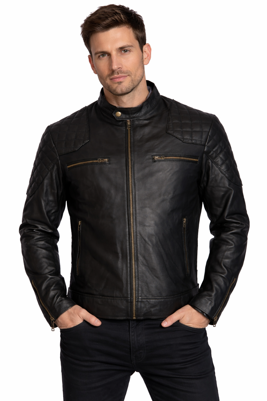 David Beckham Inspired Slim Fit Black Leather Biker Motorcycle Jacket