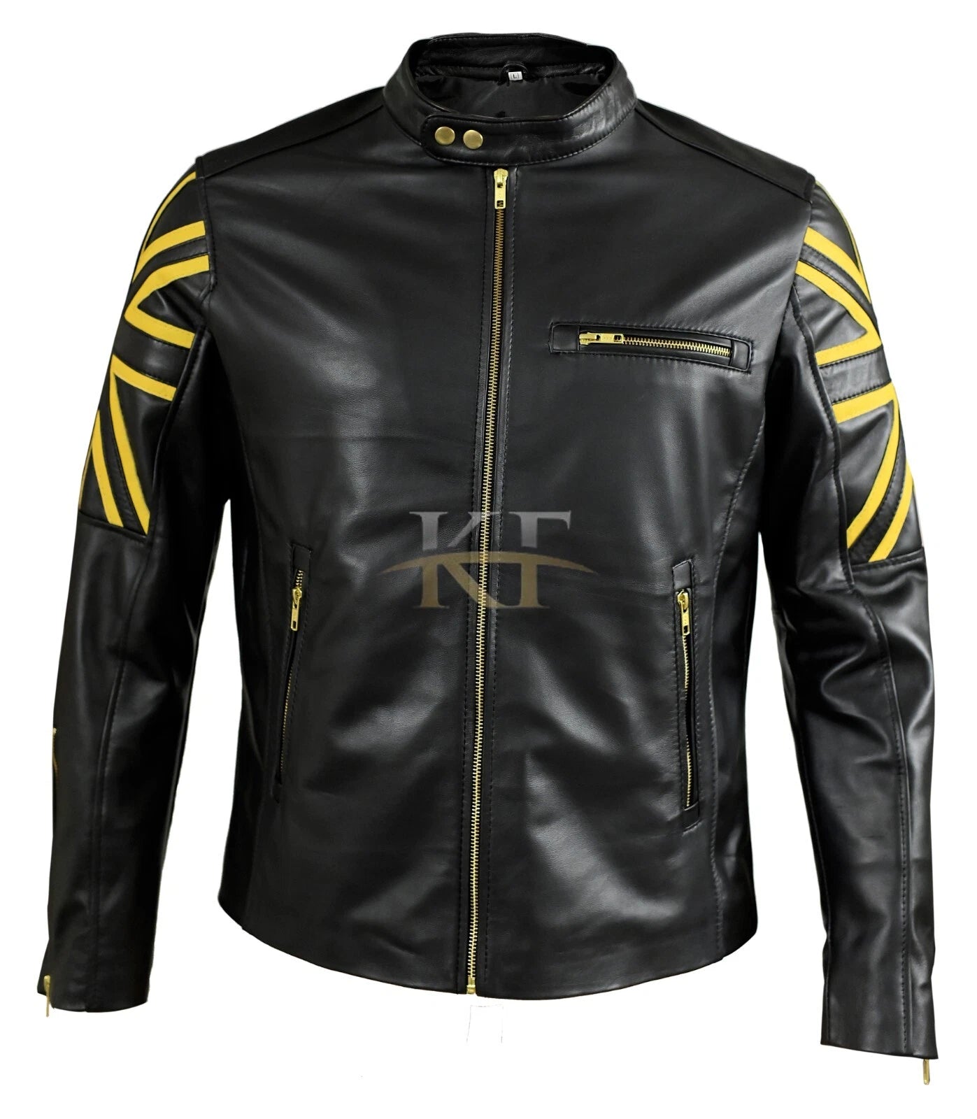 New Men’s Motorcycle Biker Cafe Racer UK Flag Black Real Leather Jacket
