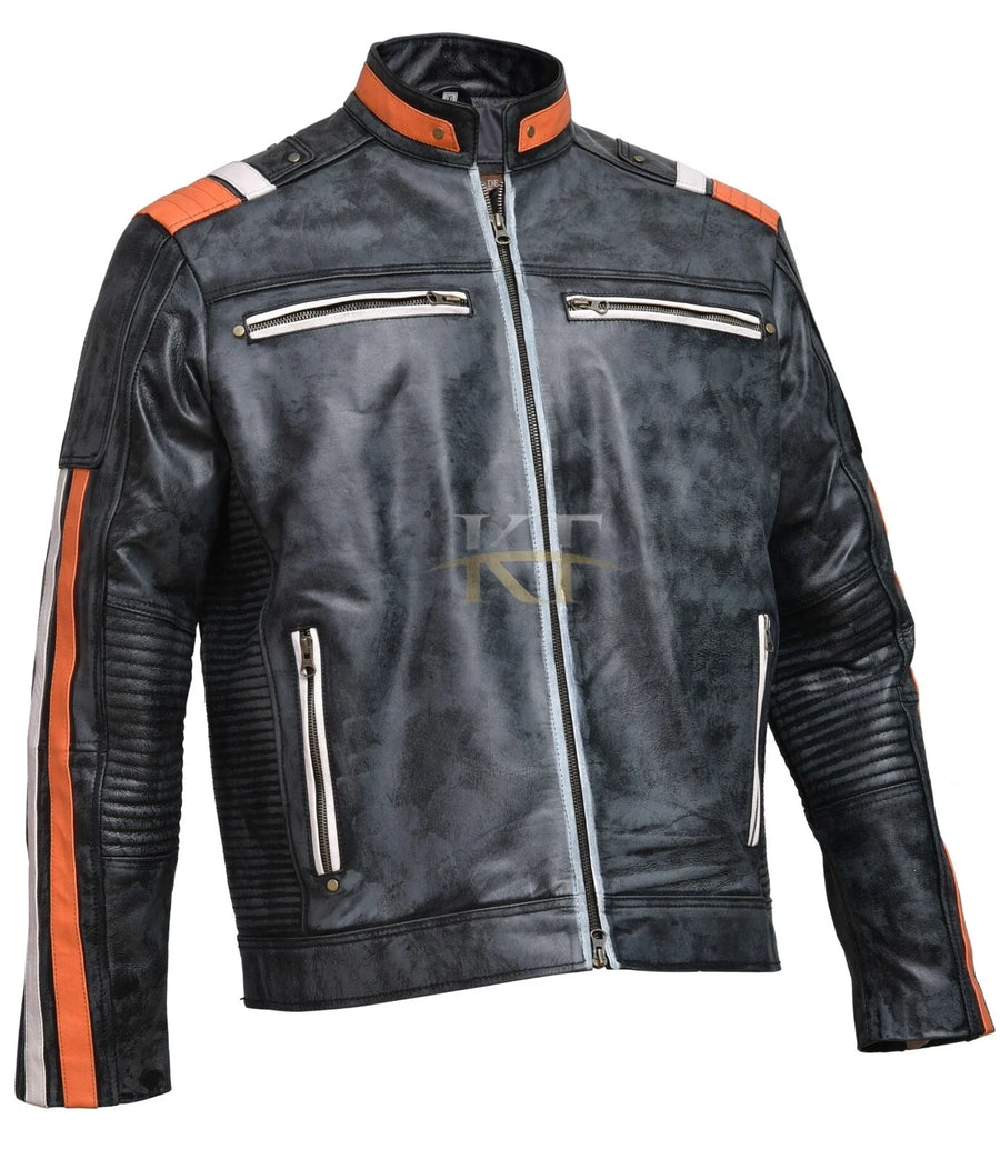 Retro 3 Men's Distressed Real Leather Cafe Racer Motorcycle Jacket