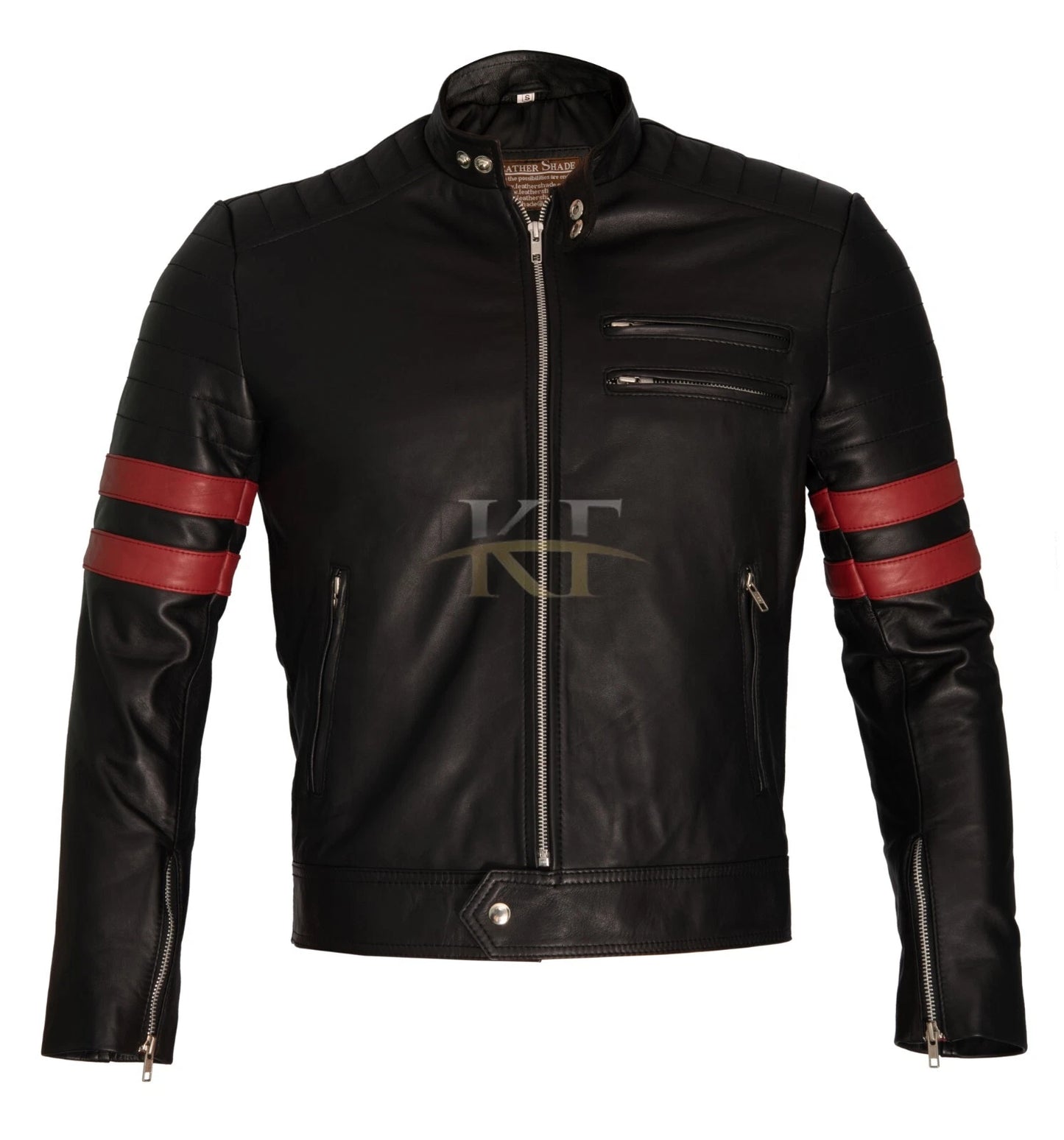 Fight Club Retro Mayhem Black Moto Biker Real Leather Jacket with Red Stripes