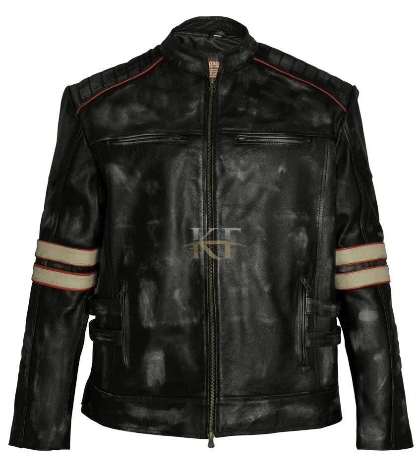 Retro 1 Men's Distressed Real Leather Cafe Racer Motorcycle Jacket