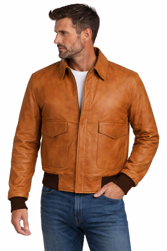 Men’s A-2 Brown Genuine Leather Bomber Jacket | Classic Aviator Flight Jacket