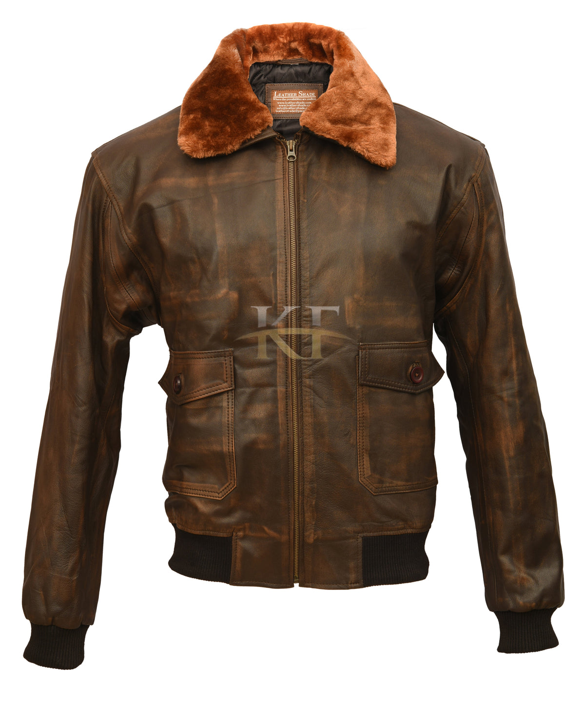G-1 Aviator Flight Bomber Distressed Brown Leather Jacket, Fur Collar
