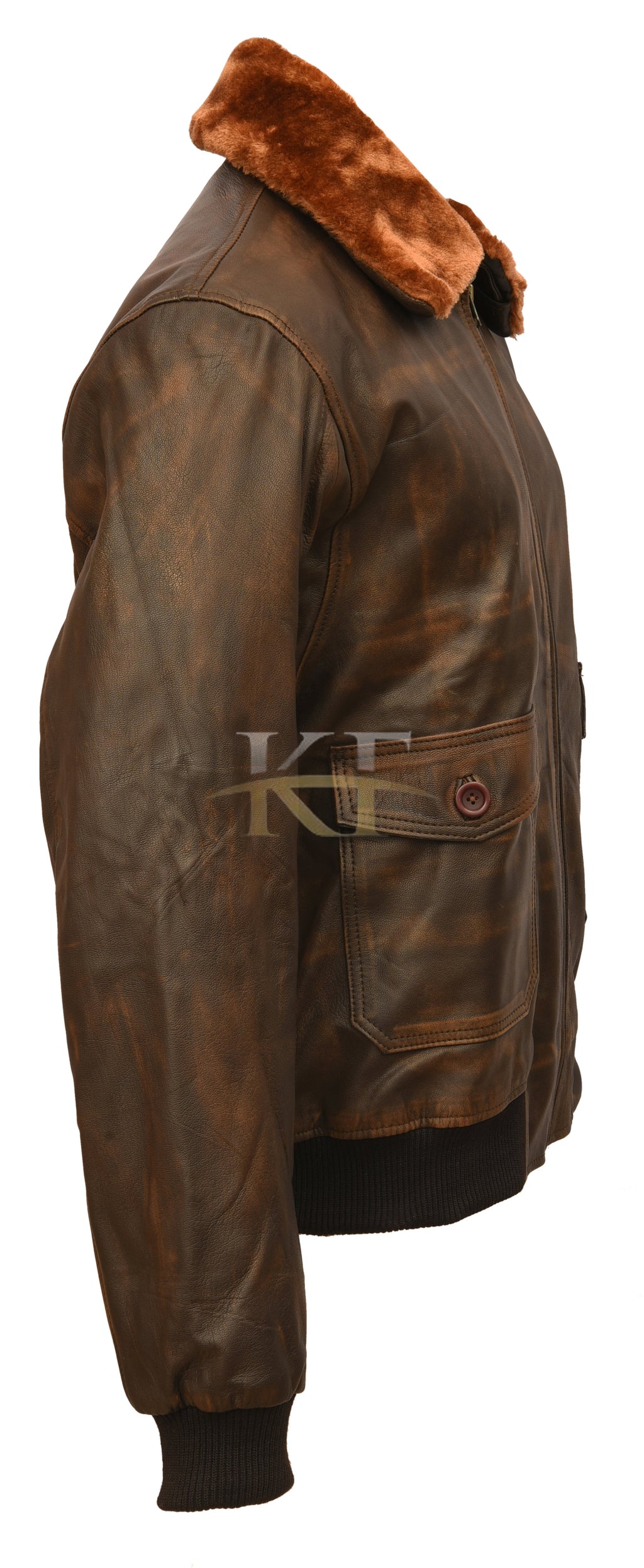 G-1 Aviator Flight Bomber Distressed Brown Leather Jacket, Fur Collar