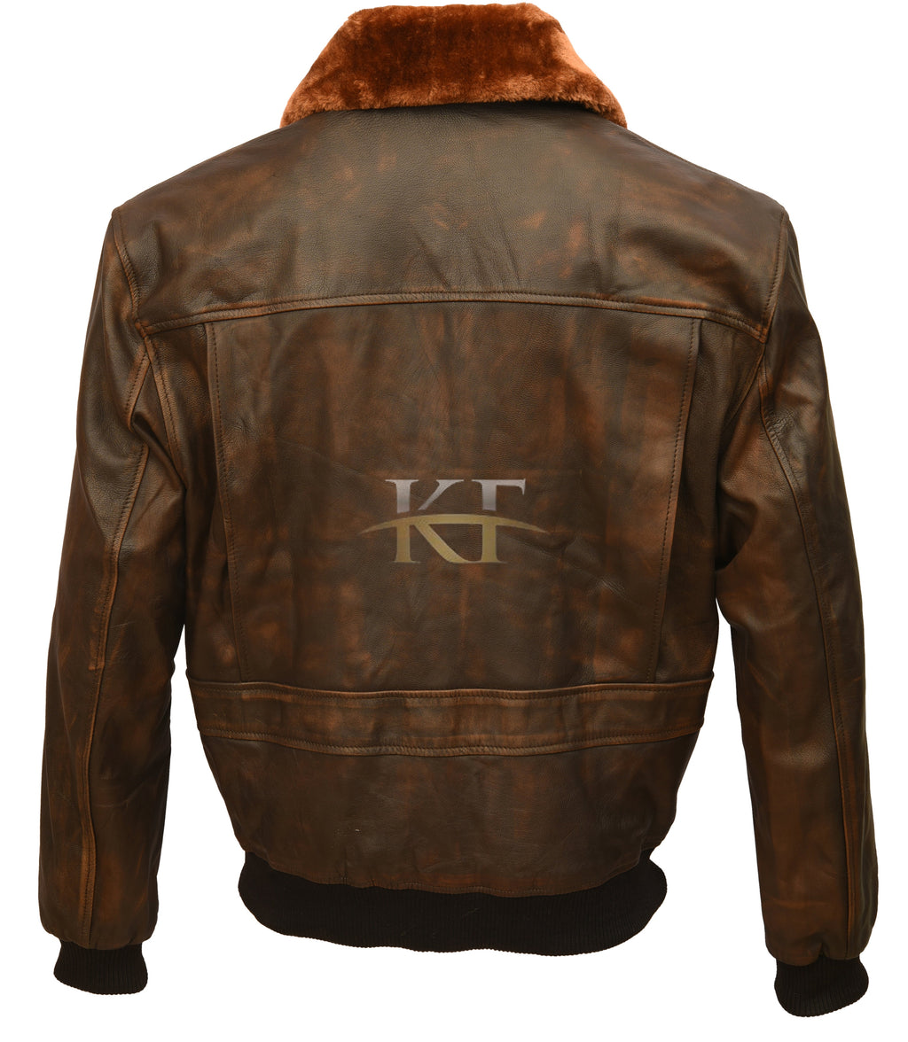G-1 Aviator Flight Bomber Distressed Brown Leather Jacket, Fur Collar