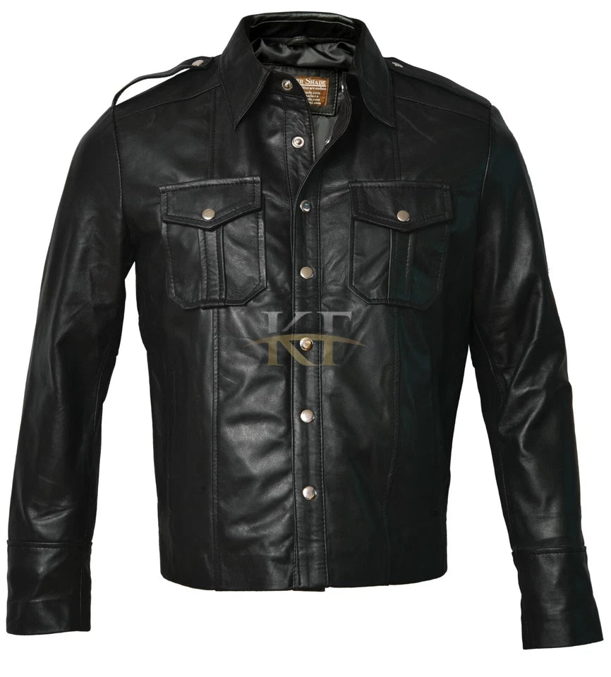 Mens Real Black Leather Police Uniform Style Quilted Shoulder Shirt Jacket