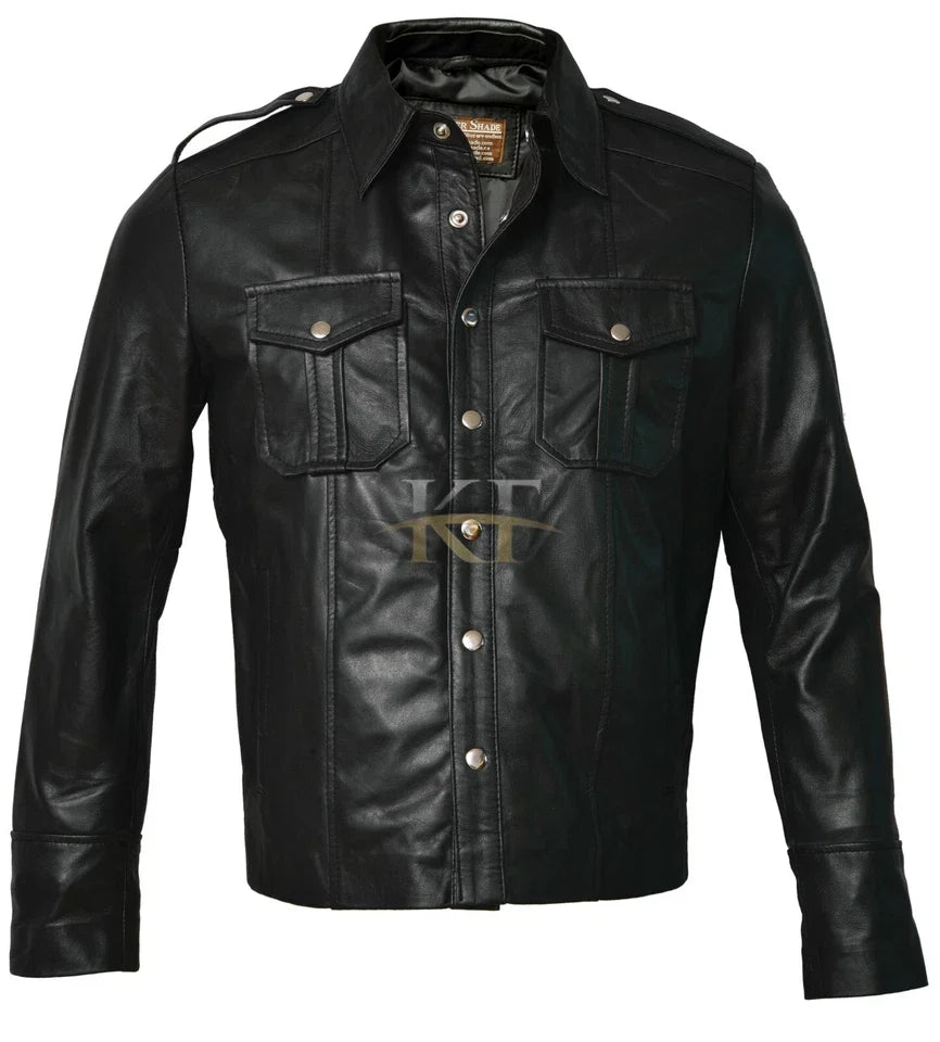 Men's Black Leather Police-Style Shirt Jacket with Quilted Shoulders
