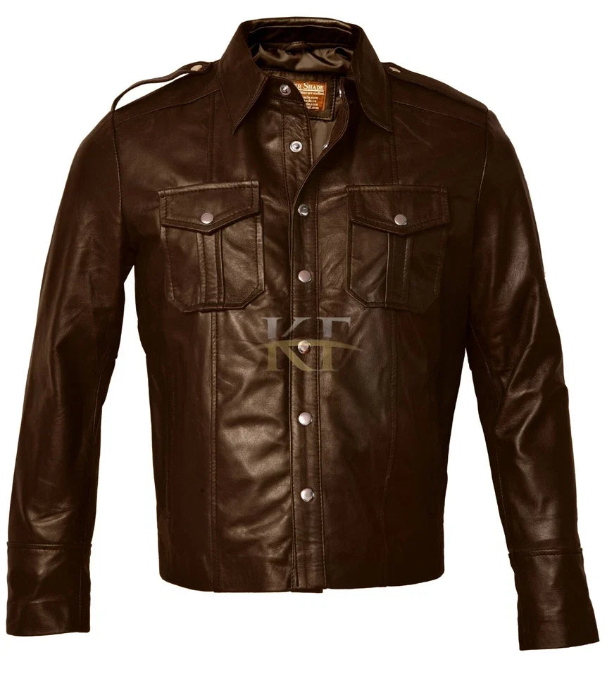 Men's Black Leather Police-Style Shirt Jacket with Quilted Shoulders