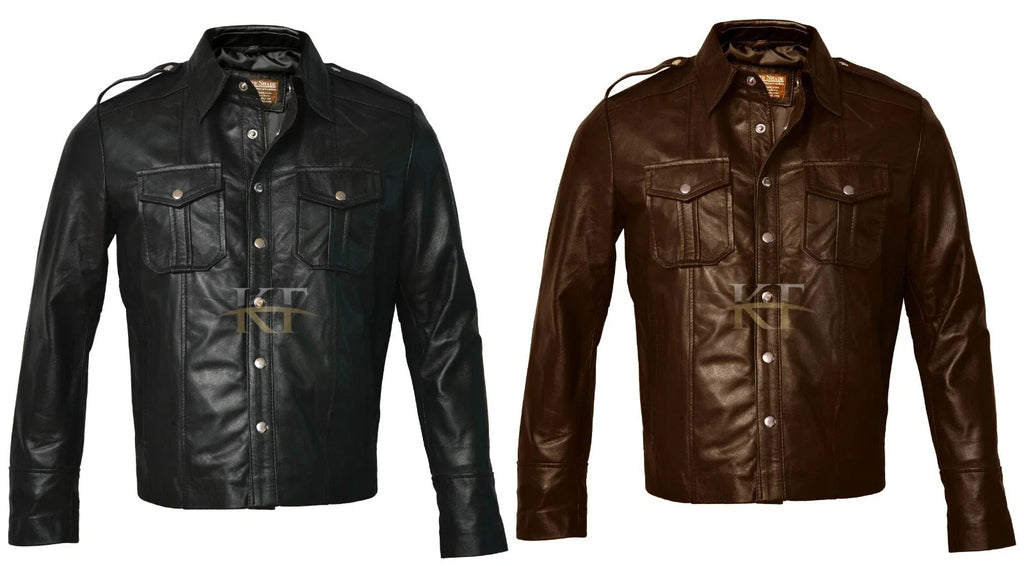 Men's Black Leather Police-Style Shirt Jacket with Quilted Shoulders