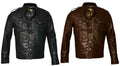 Men's Black Leather Police-Style Shirt Jacket with Quilted Shoulders