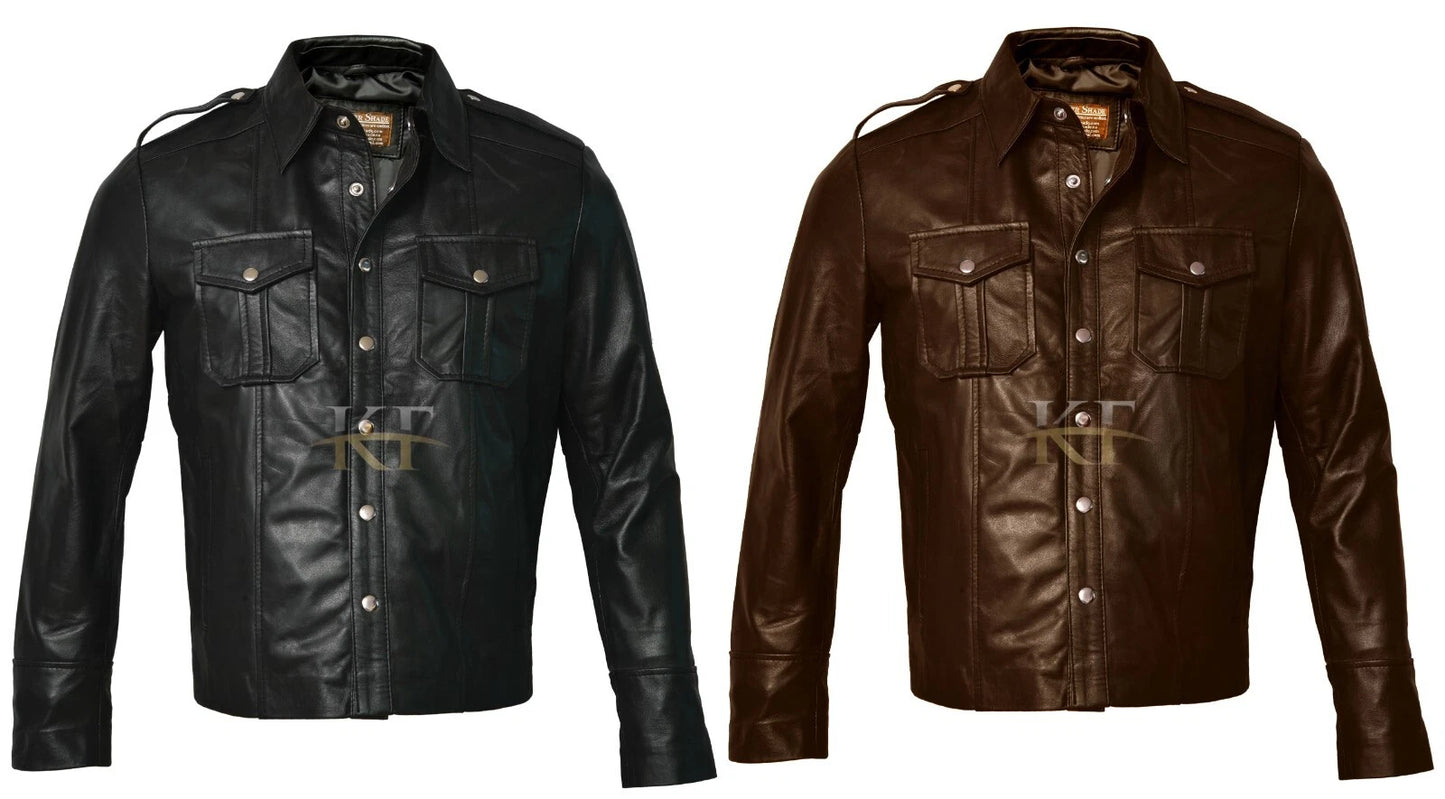 Mens Real Black Leather Police Uniform Style Quilted Shoulder Shirt Jacket