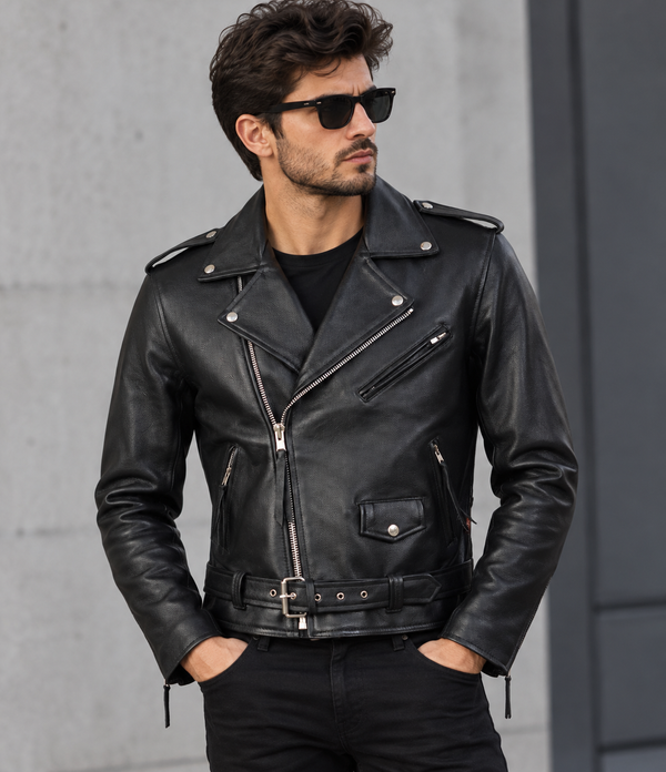Men’s Classic Black Leather Biker Jacket – Asymmetrical Zip & Belted Design