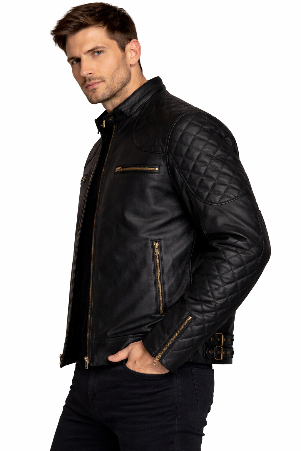 David Beckham Slim Fit Classic Biker Real Leather Motorcycle Men's Black Jacket