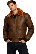 G-1 Aviator Flight Bomber Distressed Brown Leather Jacket, Fur Collar