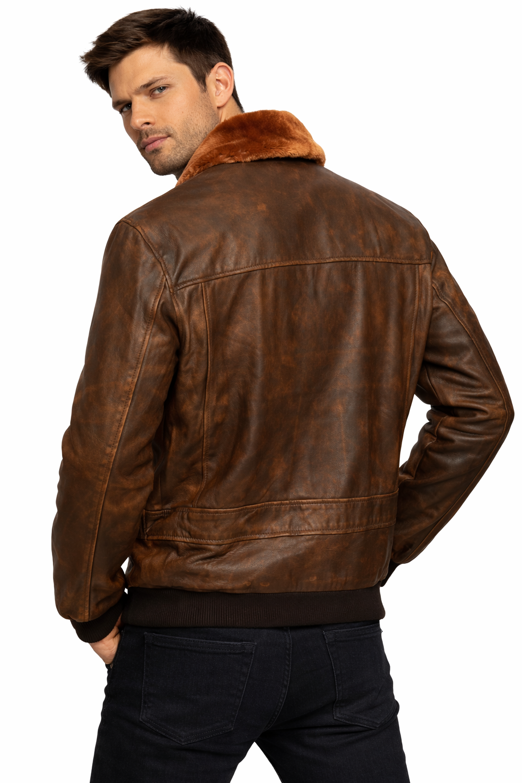 G-1 Aviator Flight Pilot Bomber Brown Fur Collar Distressed Brown Leather Jacket
