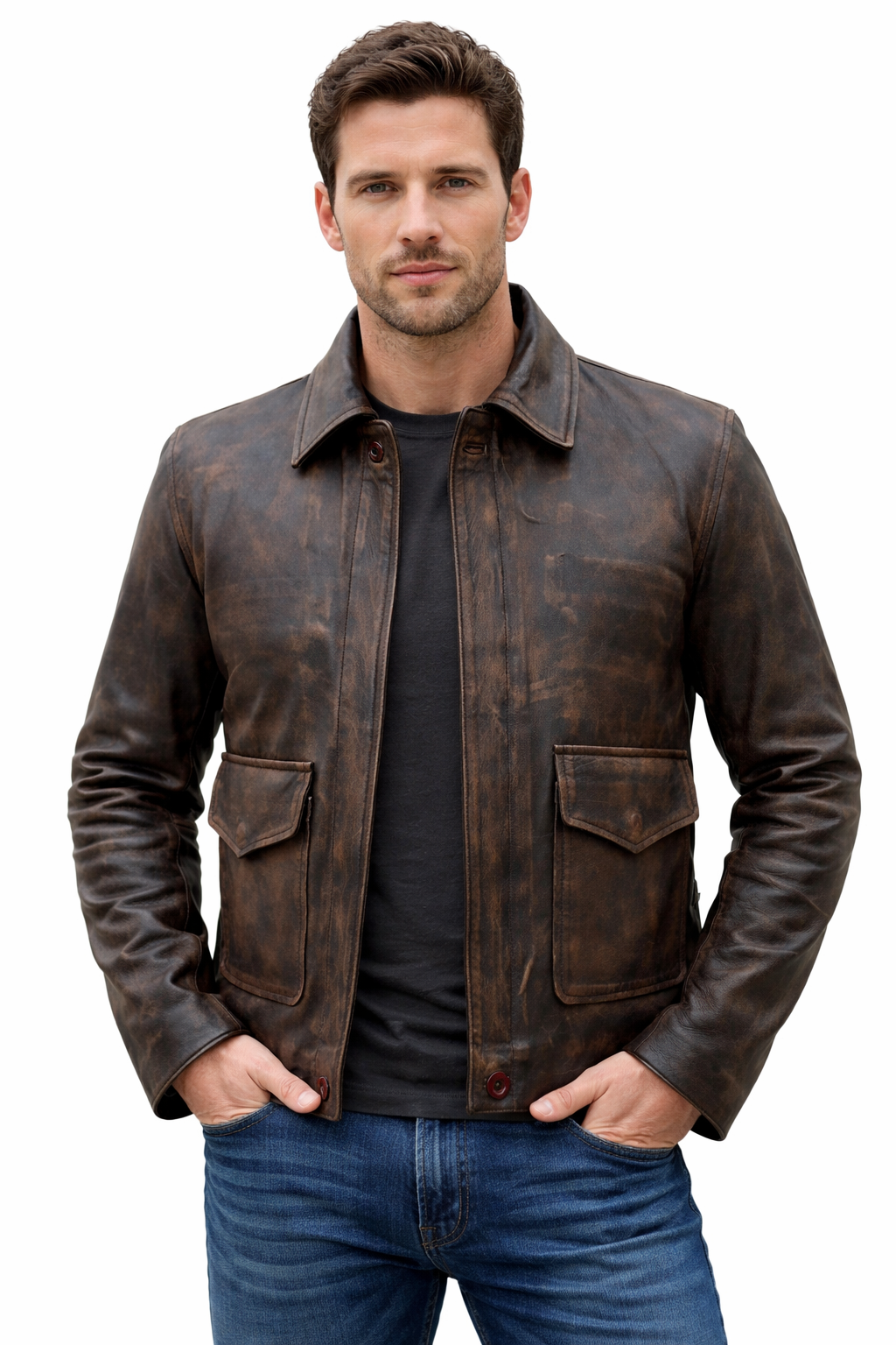 Mens Indiana Jones Harrison Ford Distressed Brown Genuine Cowhide Leather Jacket
