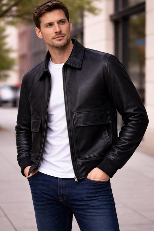 Men’s Black A-2 Leather Jacket | Classic Aviator Flight Bomber Jacket