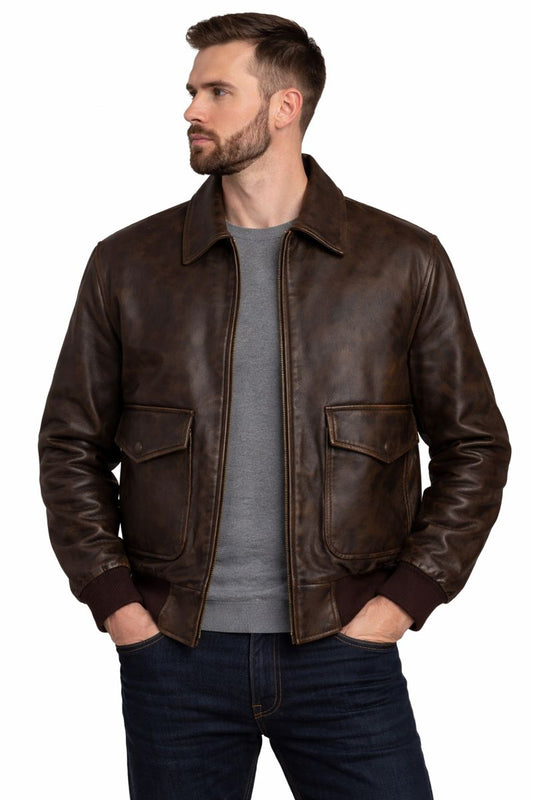 Men’s A-2 Dark Brown Genuine Leather Flight Jacket | Classic Aviator Bomber