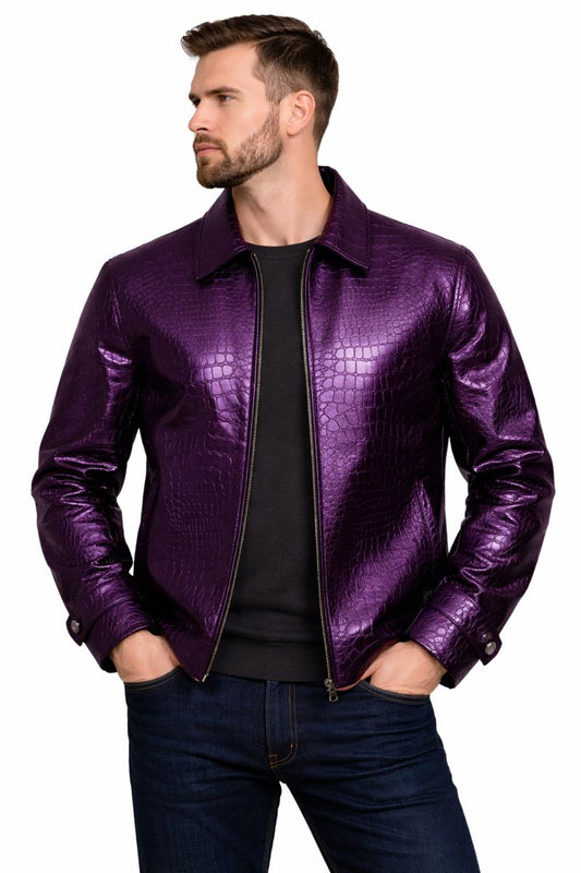 Men’s Purple Alligator Embossed Faux Leather Jacket | Luxury Crocodile Style Zip Jacket