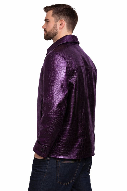 Men’s Purple Alligator Embossed Faux Leather Jacket | Luxury Crocodile Style Zip Jacket