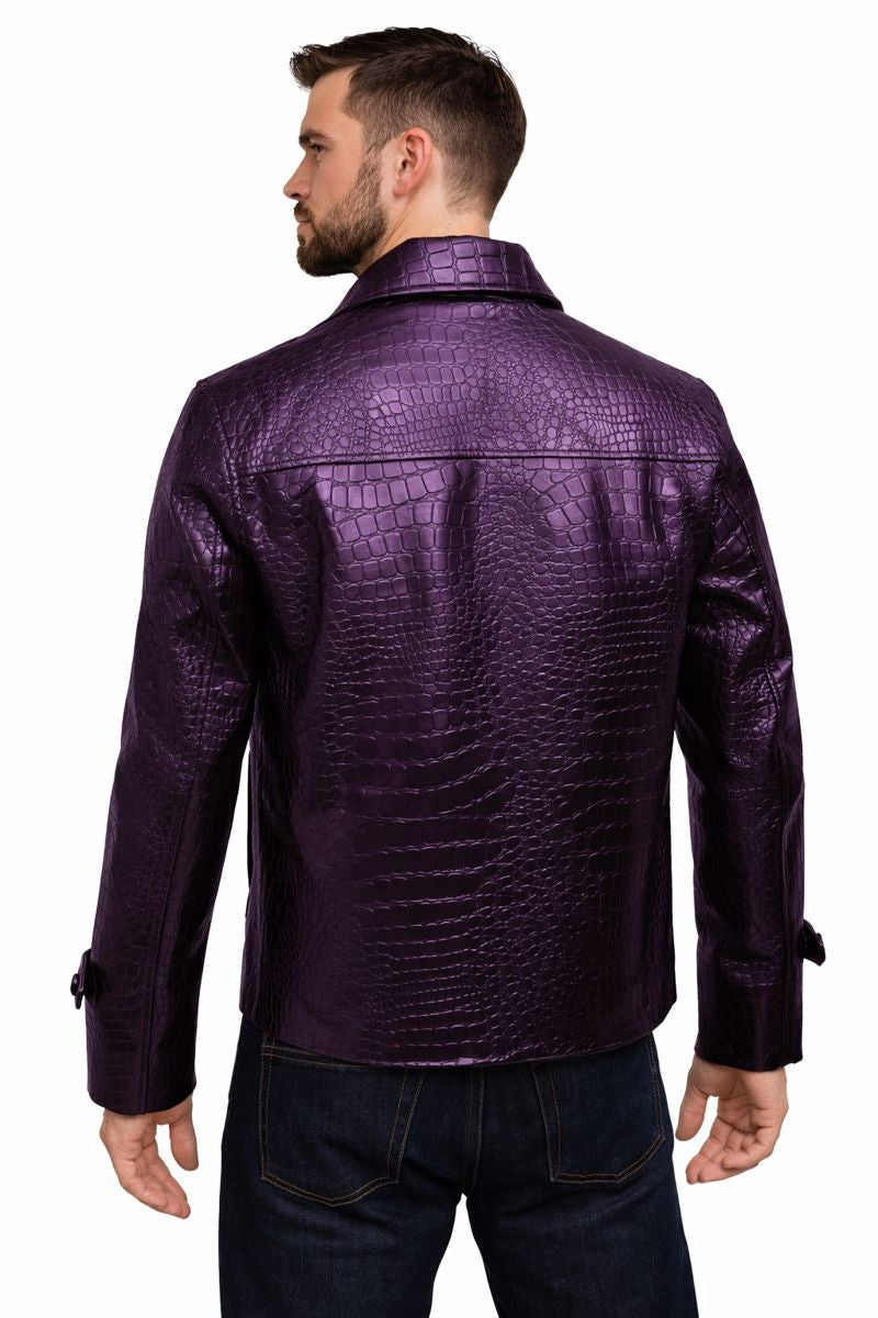 Men's Purple Alligator Embossed Faux Leather Zip Jacket