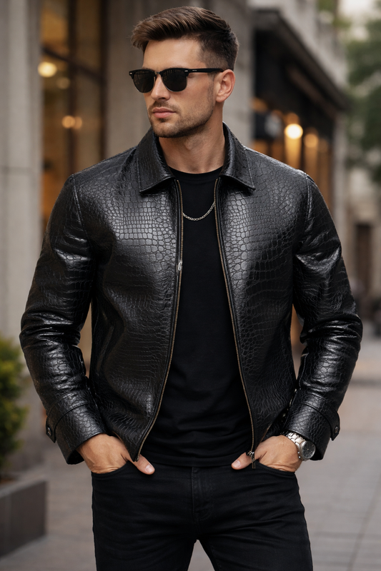 Men’s Black Alligator Embossed Faux Leather Jacket | Luxury Crocodile Style Zip Jacket