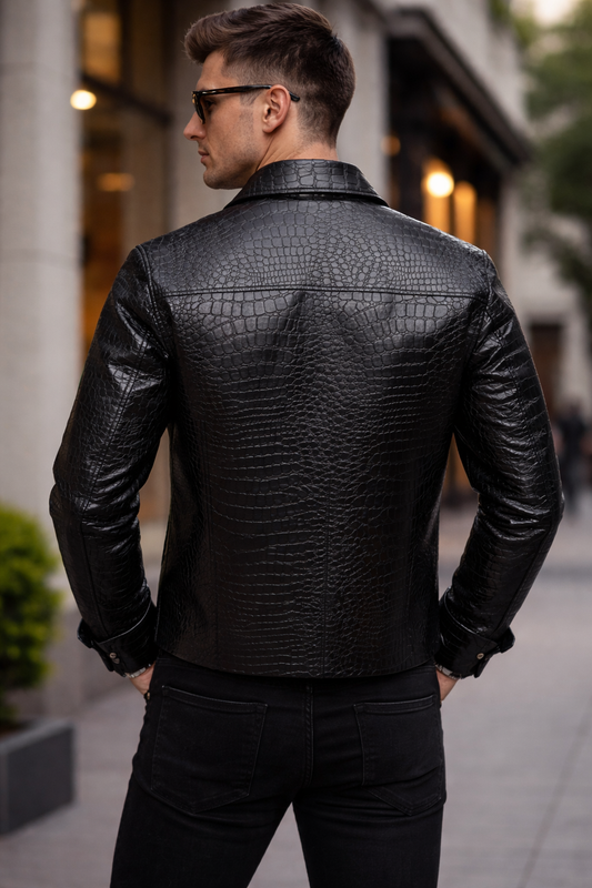 Men’s Black Alligator Embossed Faux Leather Jacket | Luxury Crocodile Style Zip Jacket