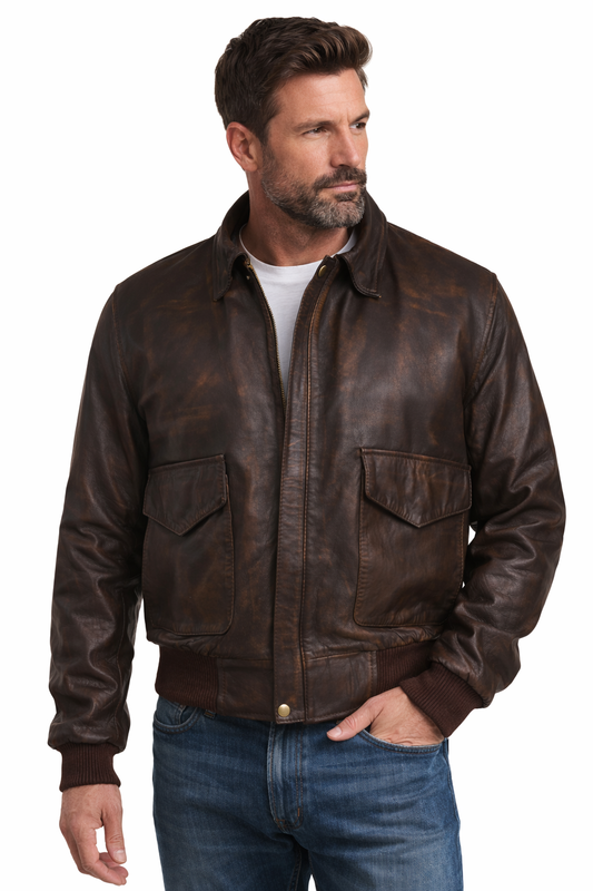 Men Aviator A-2 Flight A2 Jacket Brown Biker Real Leather Bomber Jacket