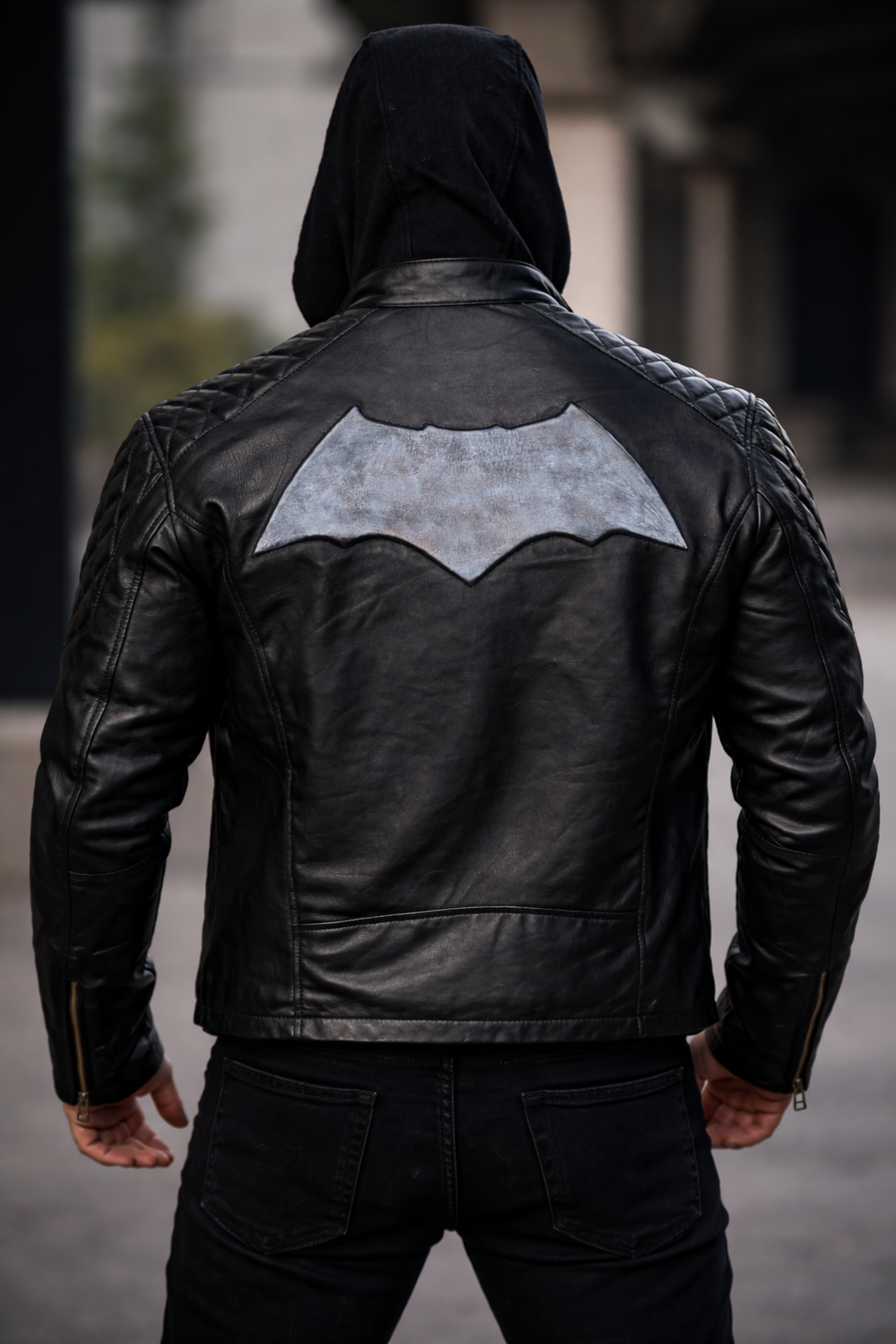 Men's Black Leather Outlaw Hooded Moto Jacket – Embossed Wing Back