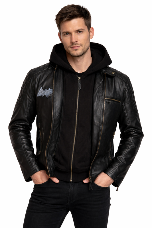 Men’s Black Leather Outlaw Biker Jacket | Hooded Moto Jacket with Embossed Wing Back