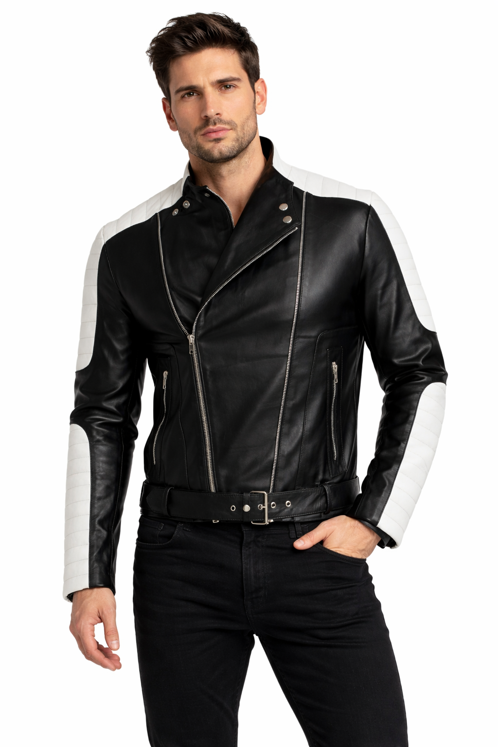 New Brando Biker Vintage Black & White Red Retro Motorcycle Real Leather Jacket