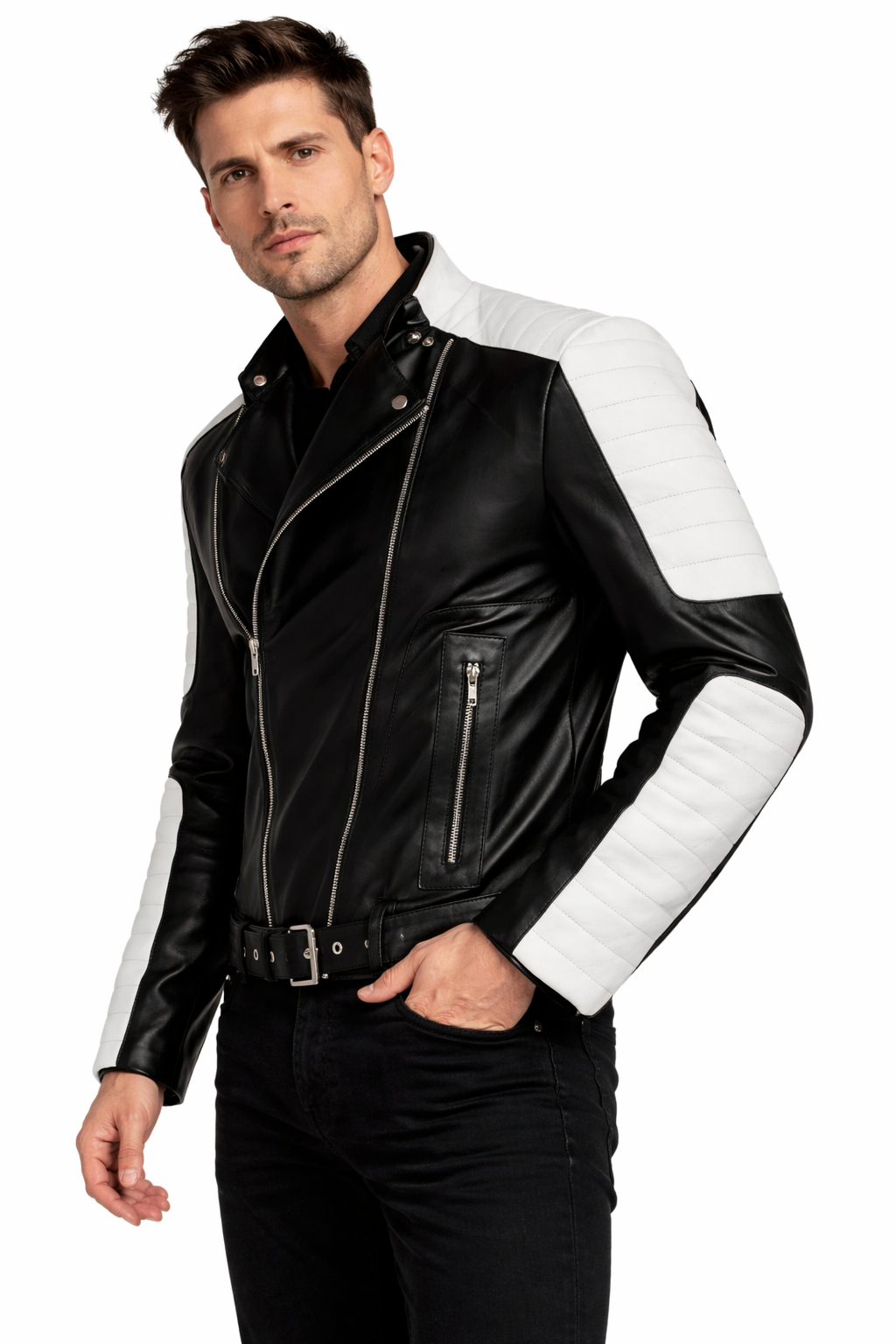 New Brando Biker Vintage Black & White Red Retro Motorcycle Real Leather Jacket
