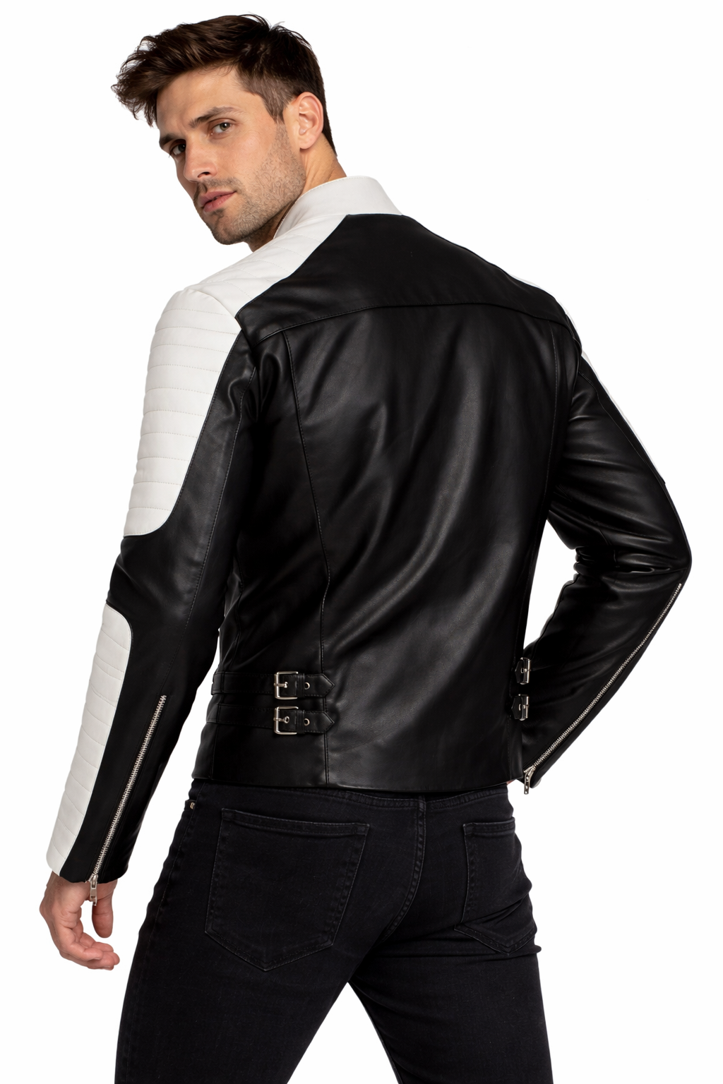 New Brando Biker Vintage Black & White Red Retro Motorcycle Real Leather Jacket