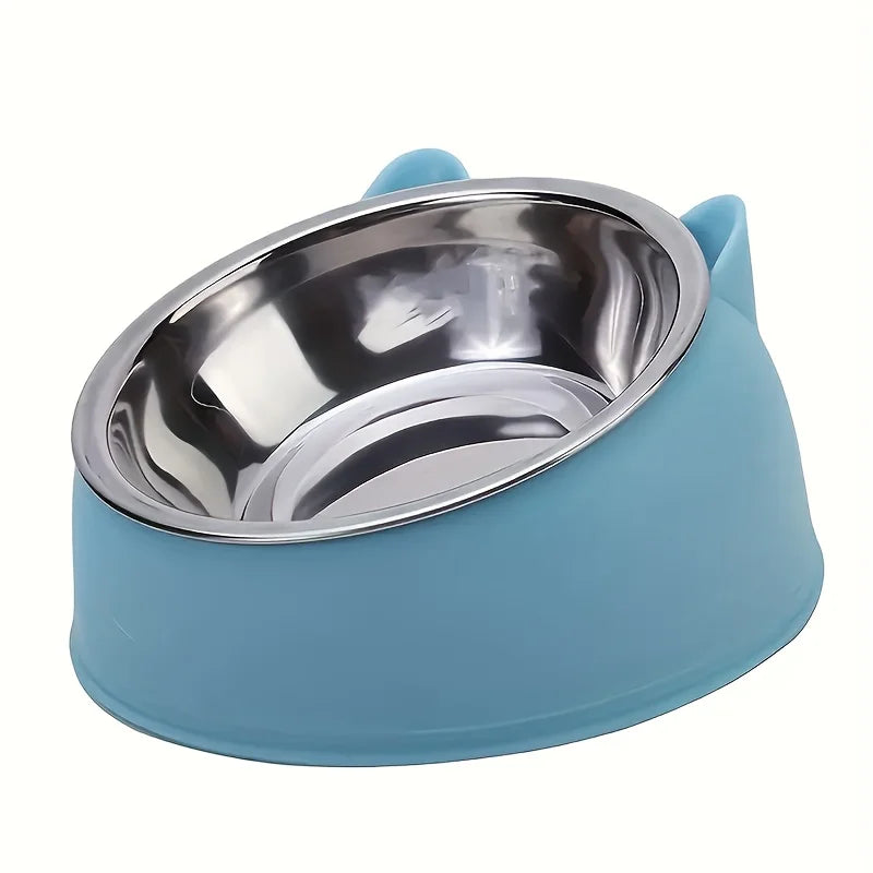 Raised tilted cat bowl with ear-shaped stand in blue