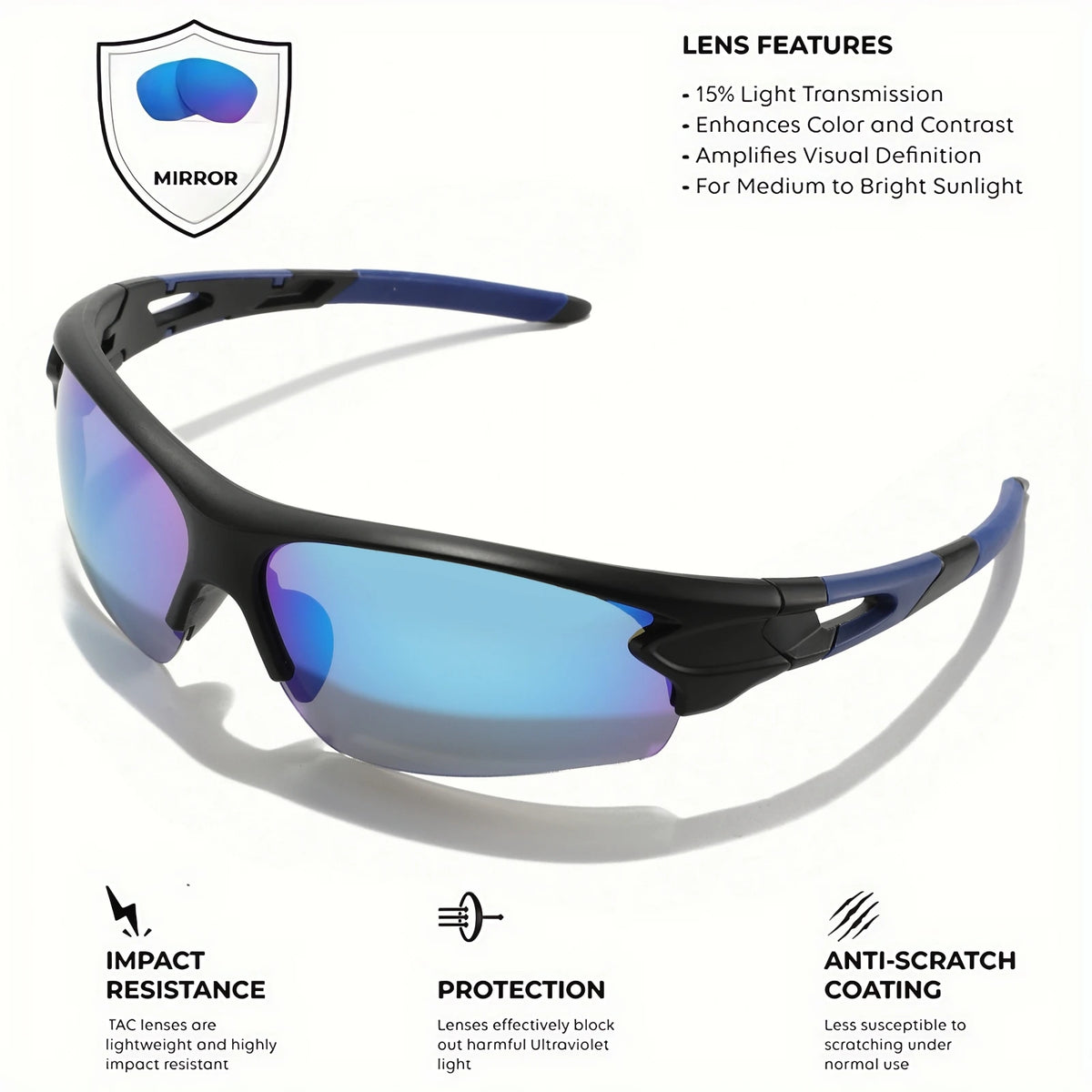 Wraparound Sports Sunglasses, Lightweight Semi-Rimless Eyewear for Cycling and Hiking (2-Pack)