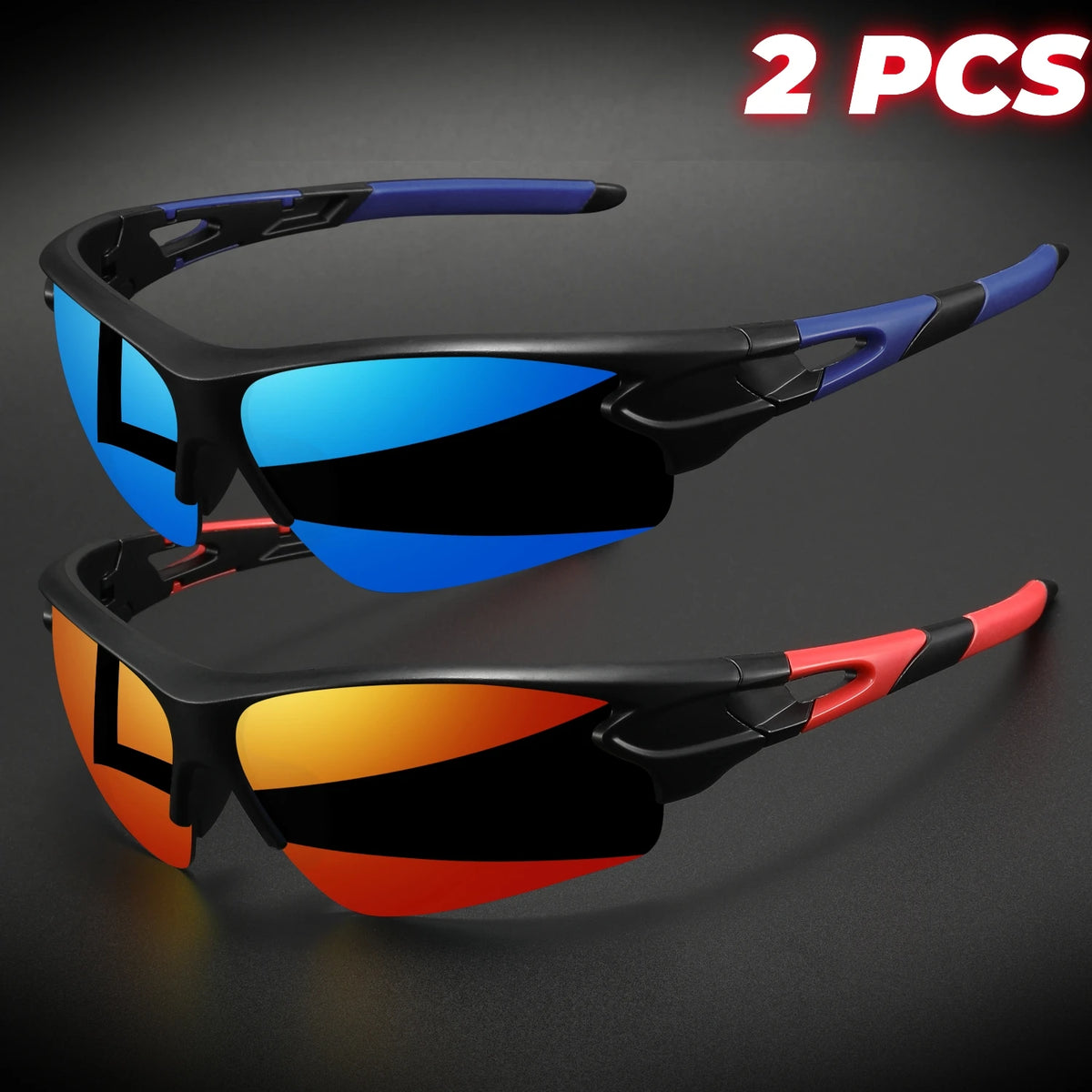 Wraparound Sports Sunglasses, Lightweight Semi-Rimless Eyewear for Cycling and Hiking (2-Pack)