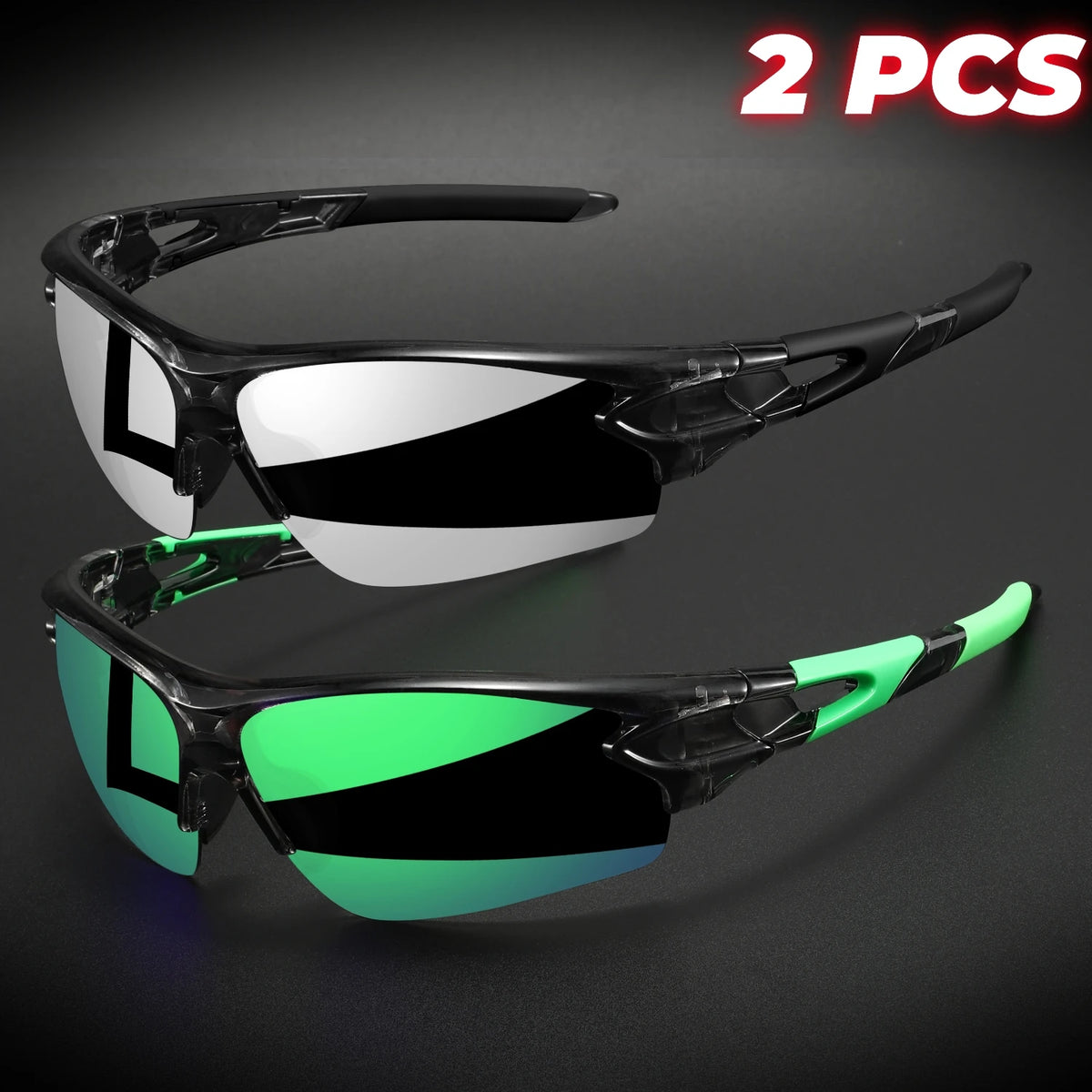 Wraparound Sports Sunglasses, Lightweight Semi-Rimless Eyewear for Cycling and Hiking (2-Pack)