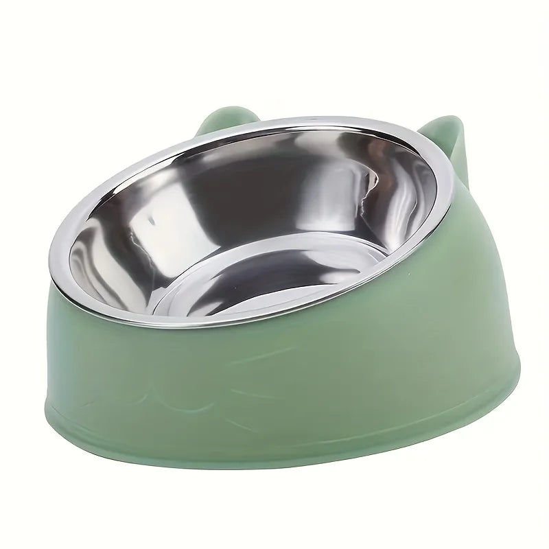 Raised tilted cat bowl with ear-shaped stand in green