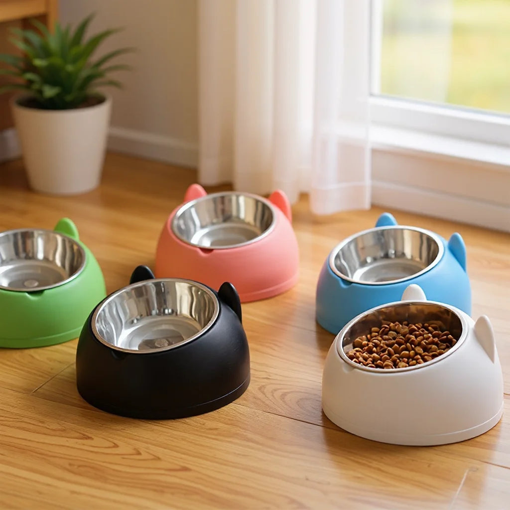 Raised tilted cat bowl with ear-shaped stand