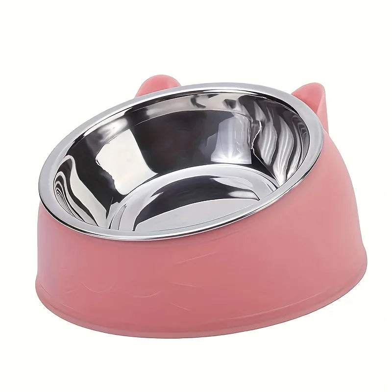 Raised tilted cat bowl with ear-shaped stand in pink