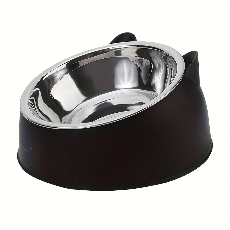 Raised tilted cat bowl with ear-shaped stand in black