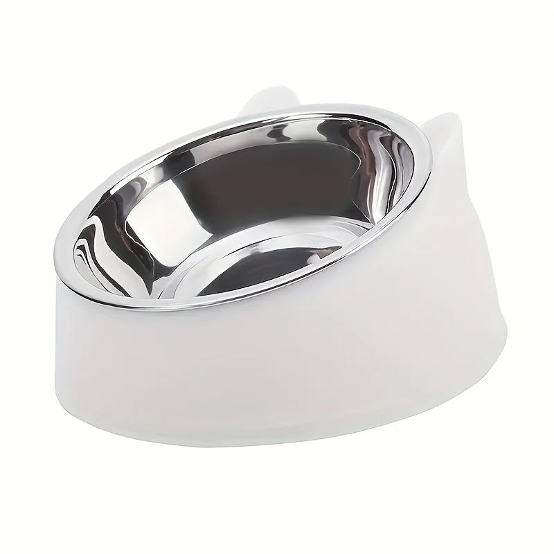 Raised tilted cat bowl with ear-shaped stand in white