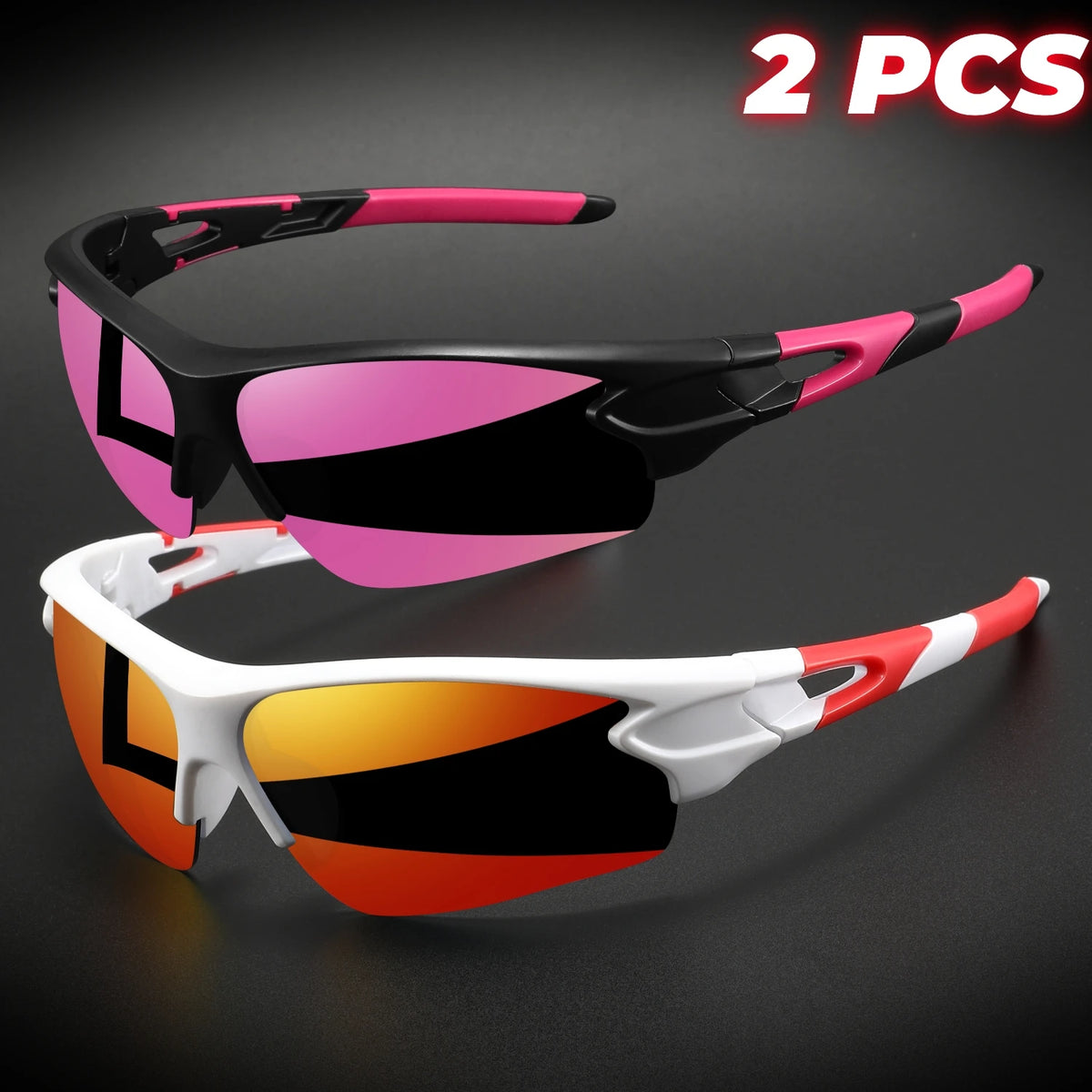 Wraparound Sports Sunglasses, Lightweight Semi-Rimless Eyewear for Cycling and Hiking (2-Pack)