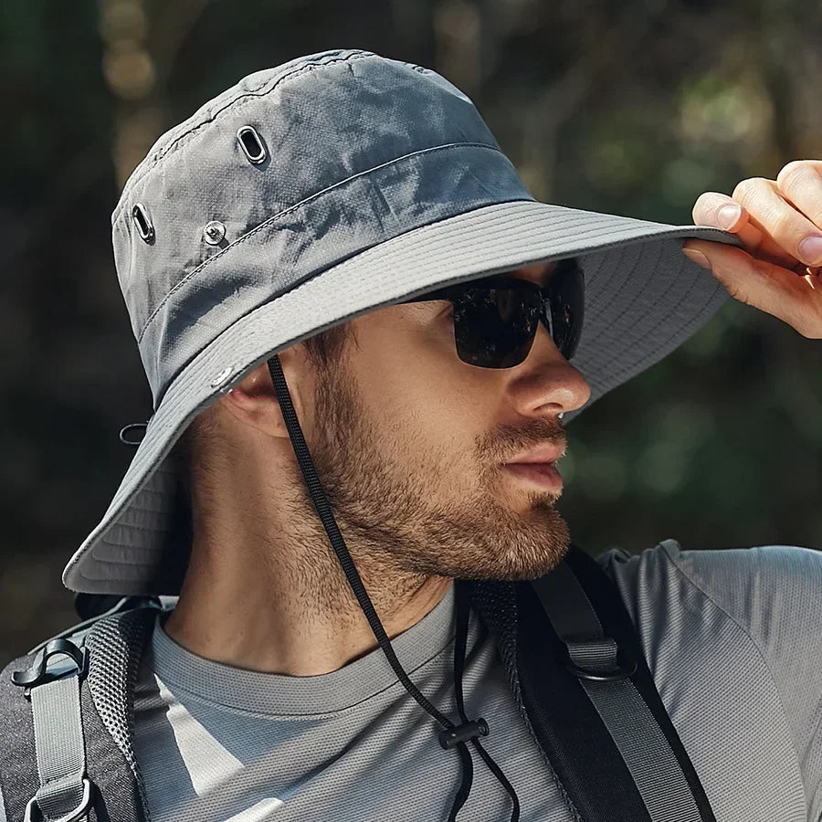 Men's wide brim bucket hat in grey
