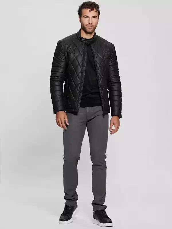 Men's Biker Nuptse-Style Black Diamond Quilted Puffer Jacket
