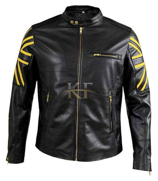 New Men’s Motorcycle Biker Cafe Racer UK Flag Black Real Leather Jacket