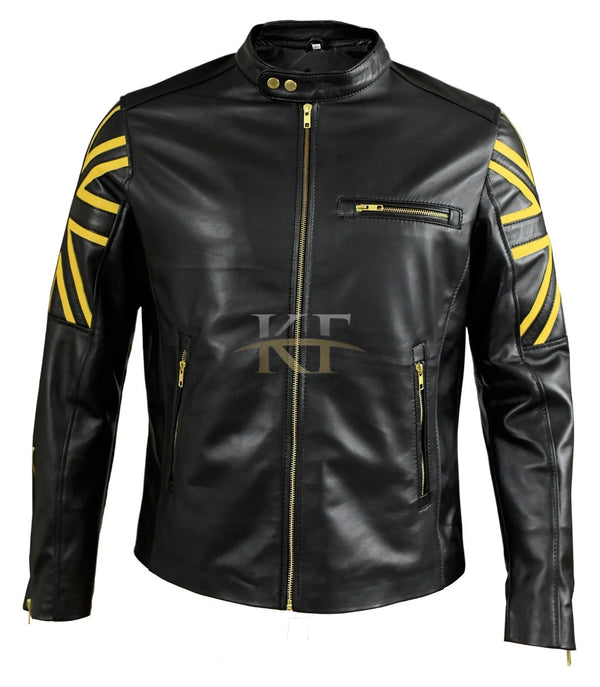 Men's Black Cafe Racer Motorcycle Leather Jacket with UK Flag