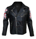 Men's Black Cafe Racer Biker Leather Jacket with Union Jack Flag
