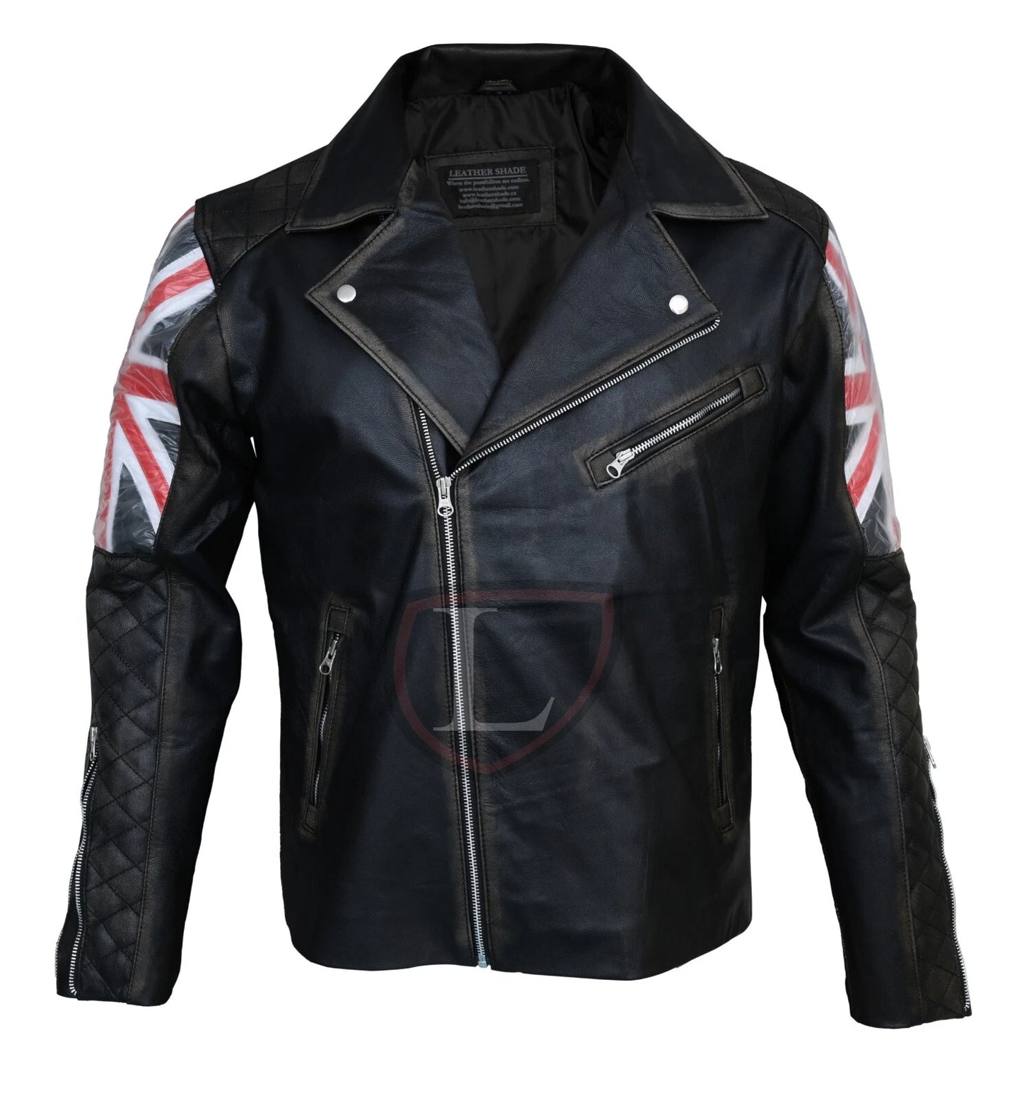 Men’s Motorcycle Biker Cafe Racer UK Flag Union Jack Black Real Leather Jacket