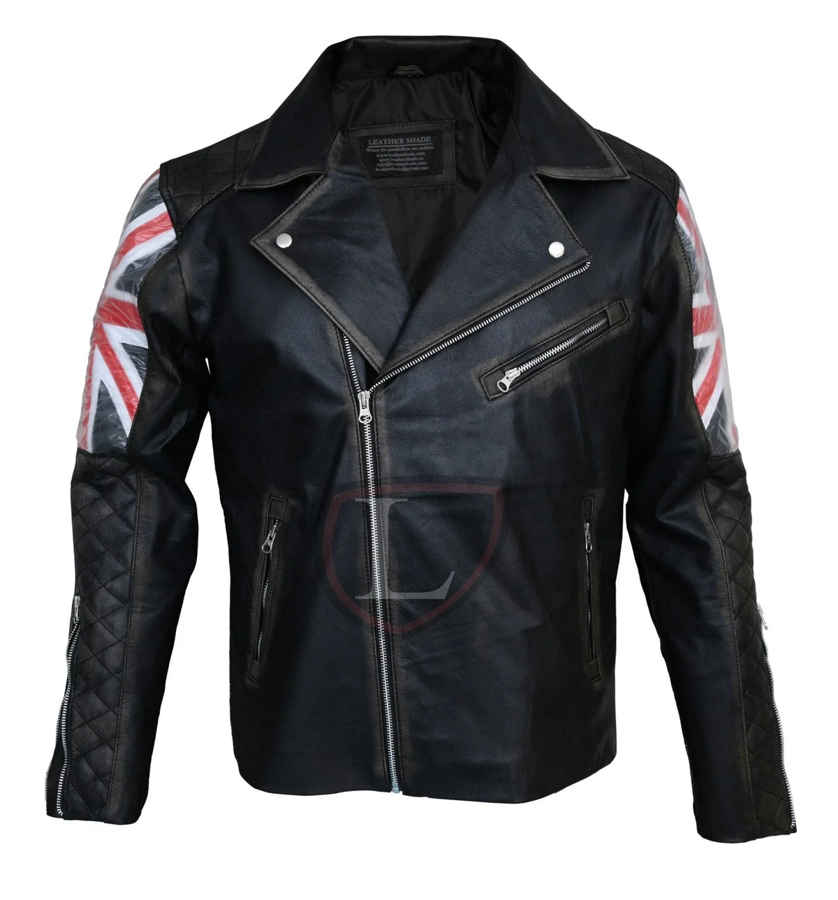 Men's Black Cafe Racer Biker Leather Jacket with Union Jack Flag
